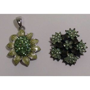 Sunflower Pendant Green Enamel & Green Flowers Rhinestone Metal Brooch Pin